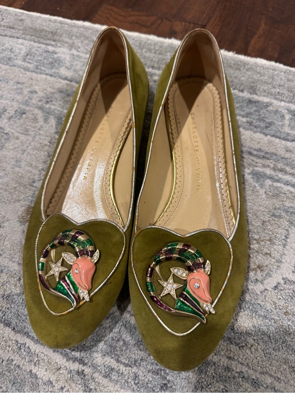 Charlotte Olympia Olive Suede Flats with Enamel Animal Heart Motif